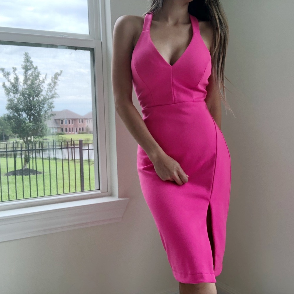 Lulus Aglow Fuchsia Neon Pink  Bodycon Midi Dress